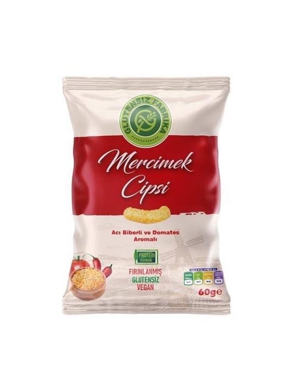 Glutensiz Fabrika Acı Biberli ve Domates Aromalı Mercimek Cipsi 60 gr ürünü